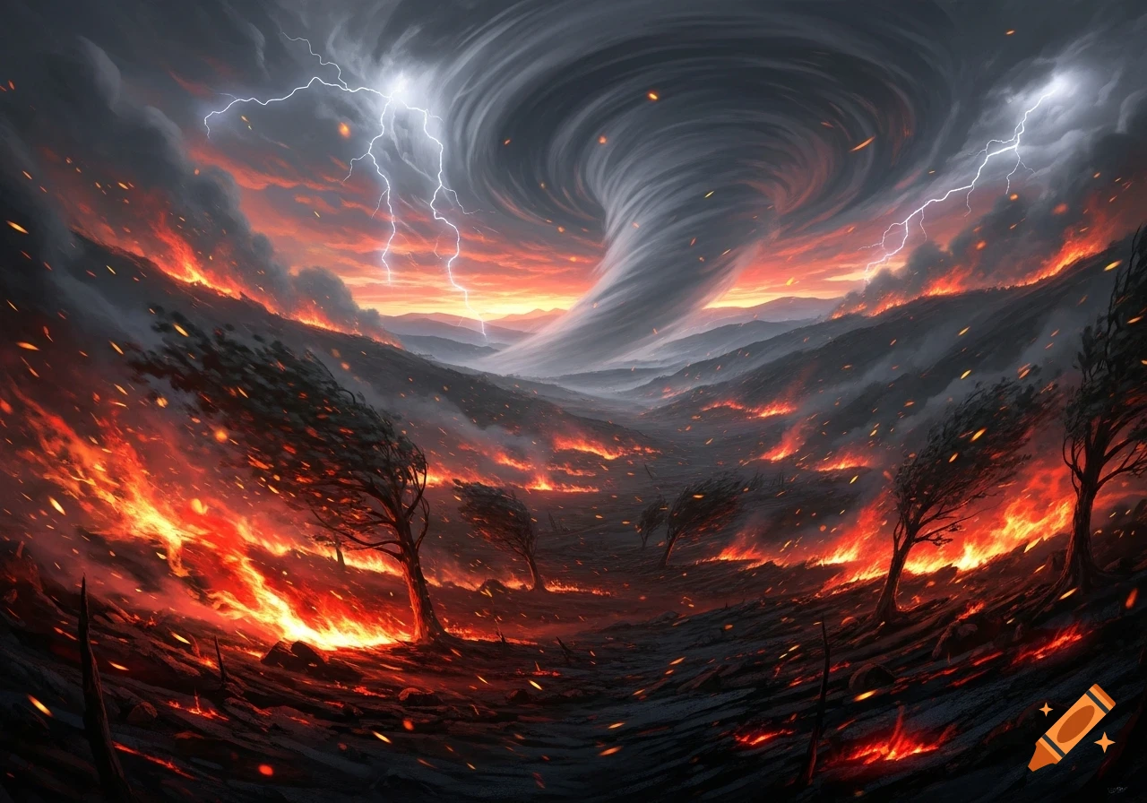 A dramatic landscape depicting a valley ravaged by wildfires under a stormy sky with a massive tornado and lightning.