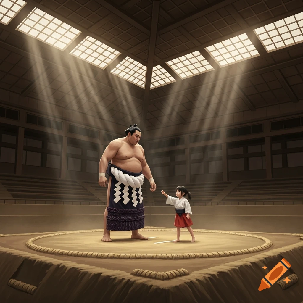 A huge sumo wrestler stands opposite a tiny girl reaching out in a spotlight-filled sumo arena.