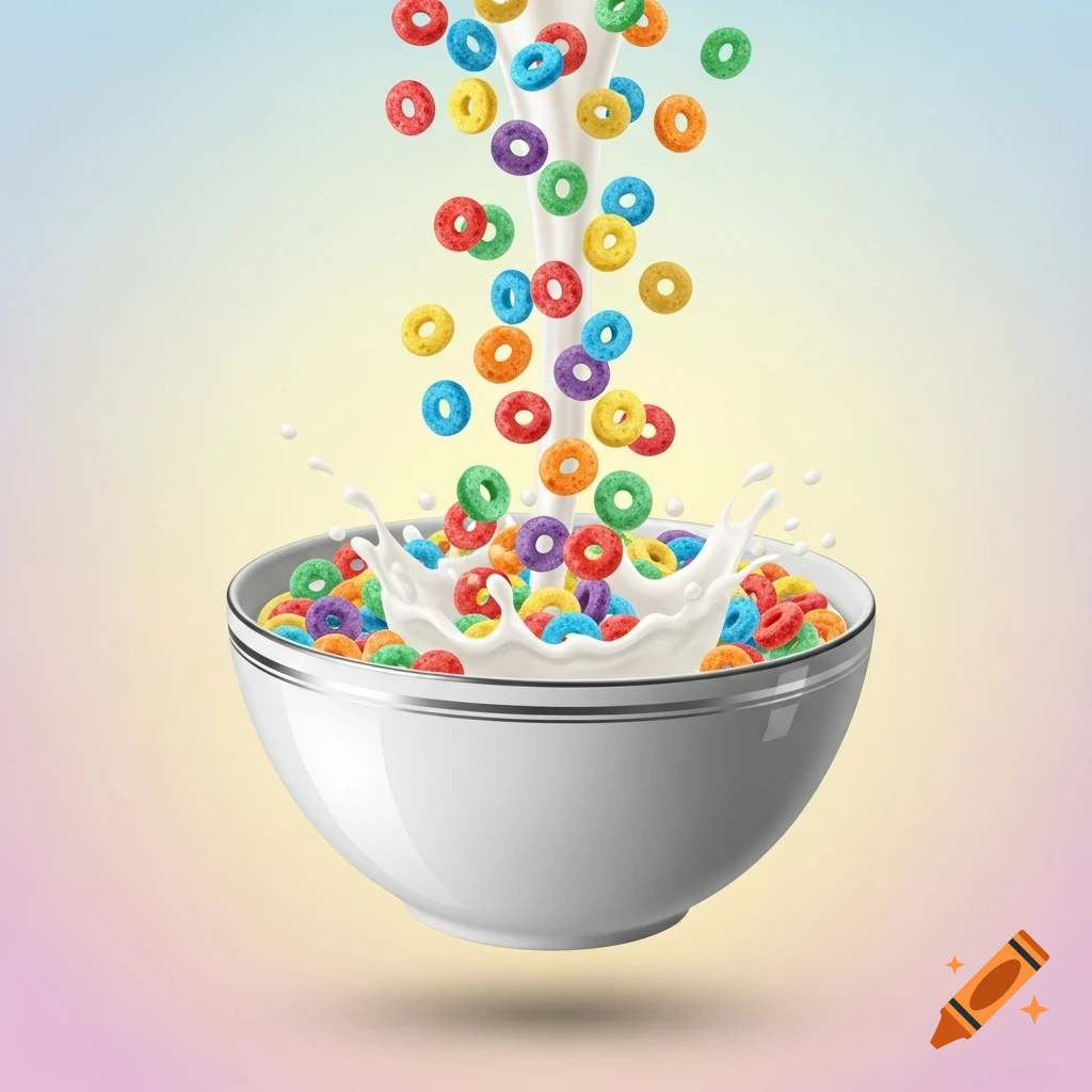 Colorful cereal loops falling into a white bowl with splashing milk against a pastel gradient background.