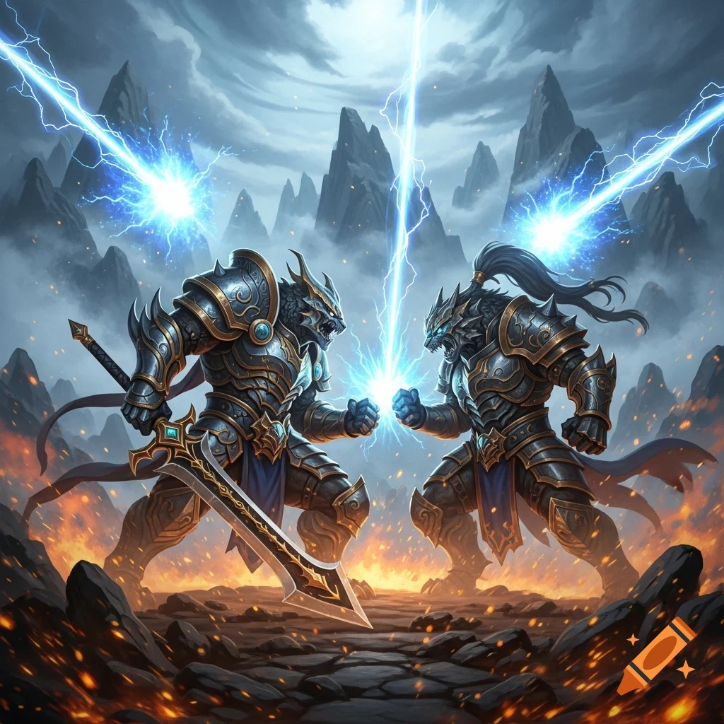 Two armored anthropomorphic wolf-like warriors clash with lightning bolts in a fiery, mountainous fantasy landscape, epic digital art style.