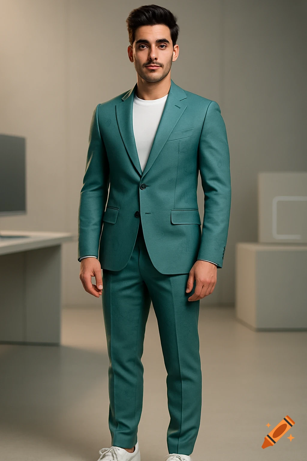 A young man with dark hair and a mustache poses in a teal suit and white sneakers in a minimalist tech studio.