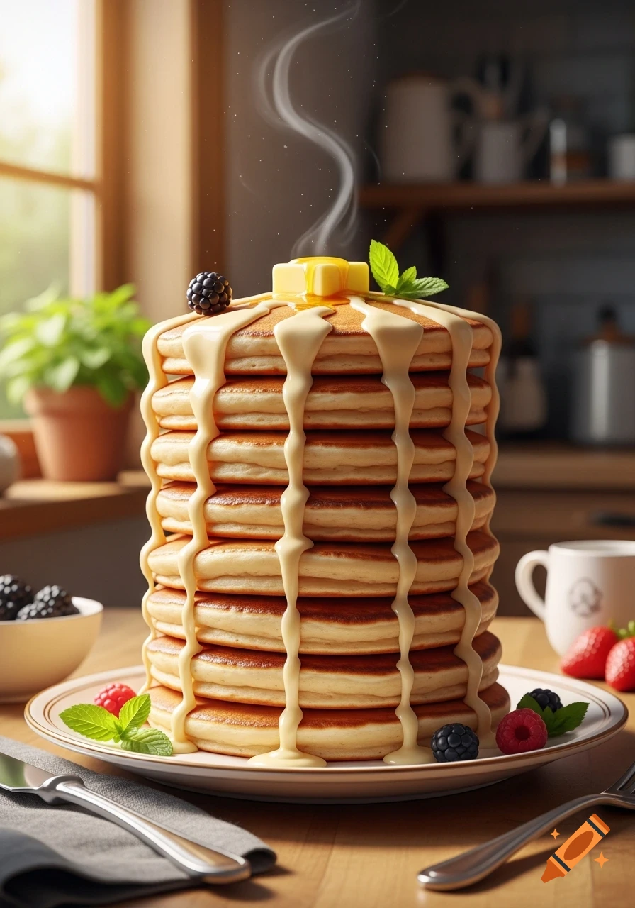 A tall stack of steaming pancakes drizzled with white icing, topped with a pat of butter, mint leaves, and a blackberry. Berries and cutlery are on the plate.