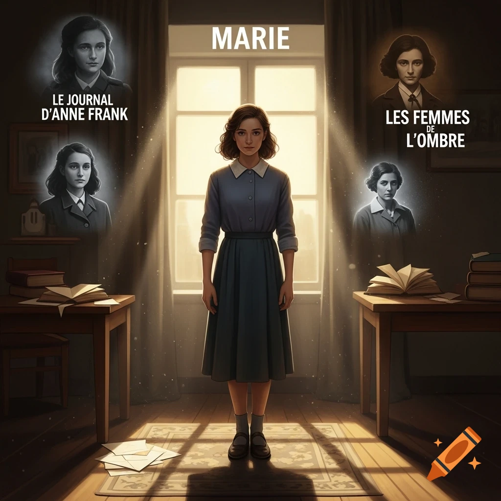A young woman in a blue dress stands in a sunlit room, surrounded by floating black and white portraits of other women and text for "MARIE," "LE JOURNAL D'ANNE FRANK," and "LES FEMMES DE L'OMBRE." Illustrative style.