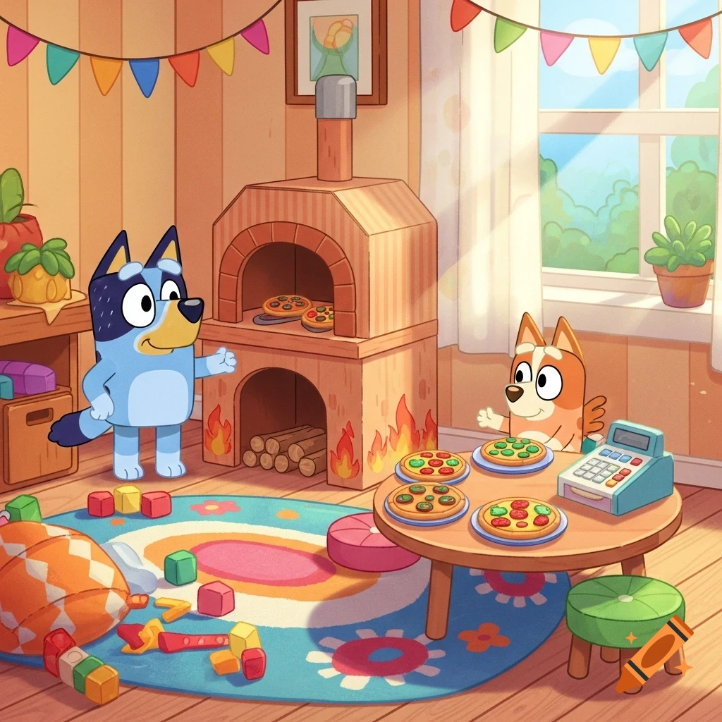Bluey and Bingo play a pretend pizza restaurant in a colorful playroom with a toy oven, pizzas, and cash register.