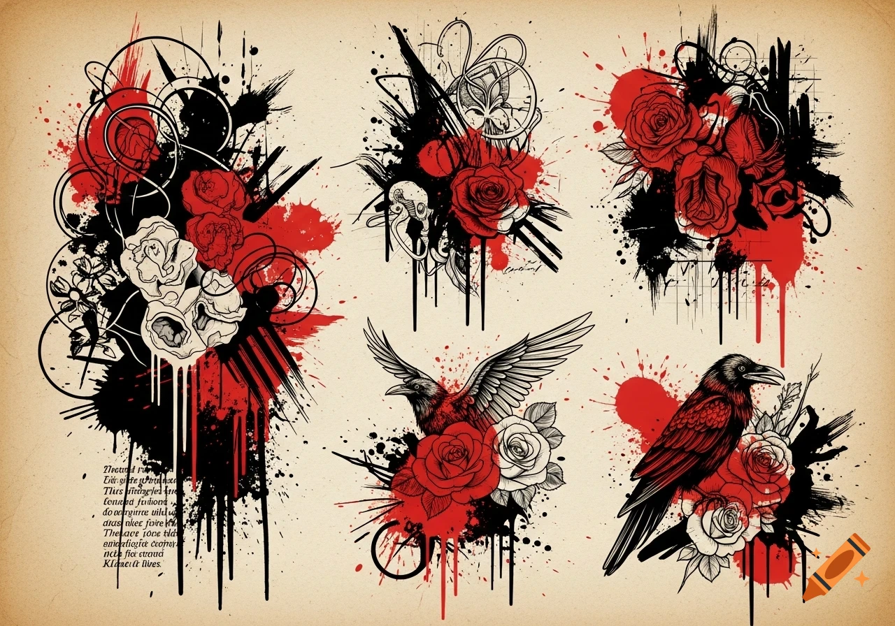 Six trash polka style tattoo designs with red roses, black crows, ink splatters, and abstract elements on a parchment background.