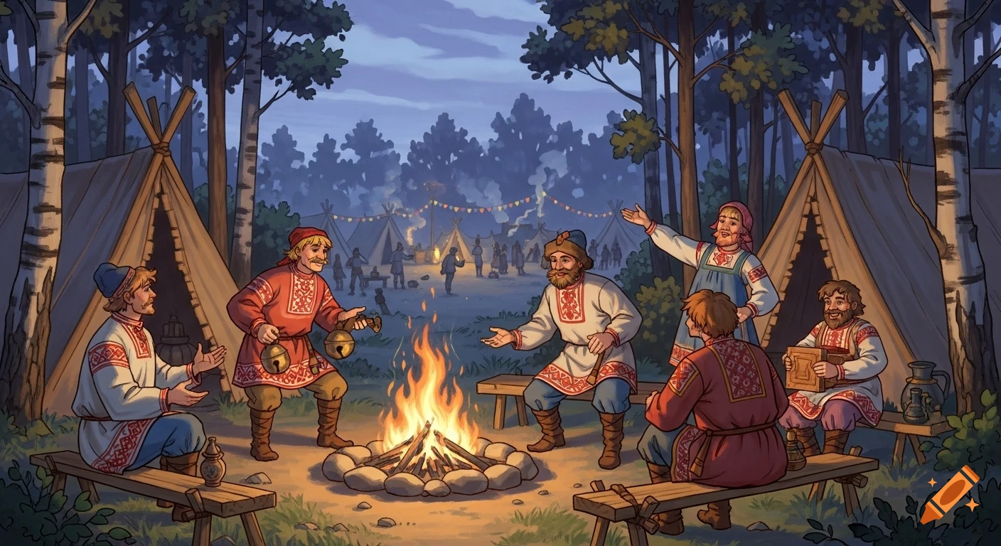 Men in traditional Russian clothes gather around a campfire in a forest camp at dusk, an illustration.