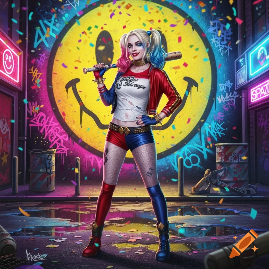 Harley Quinn with a bat in a vibrant, graffiti-covered alley with a large yellow smiley face, in comic art style.