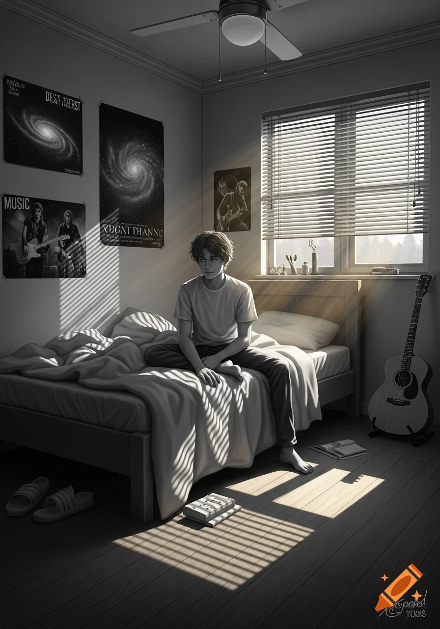 A monochrome image of a young man sitting on his bed in a sunlit bedroom, with a guitar nearby and posters on the wall.