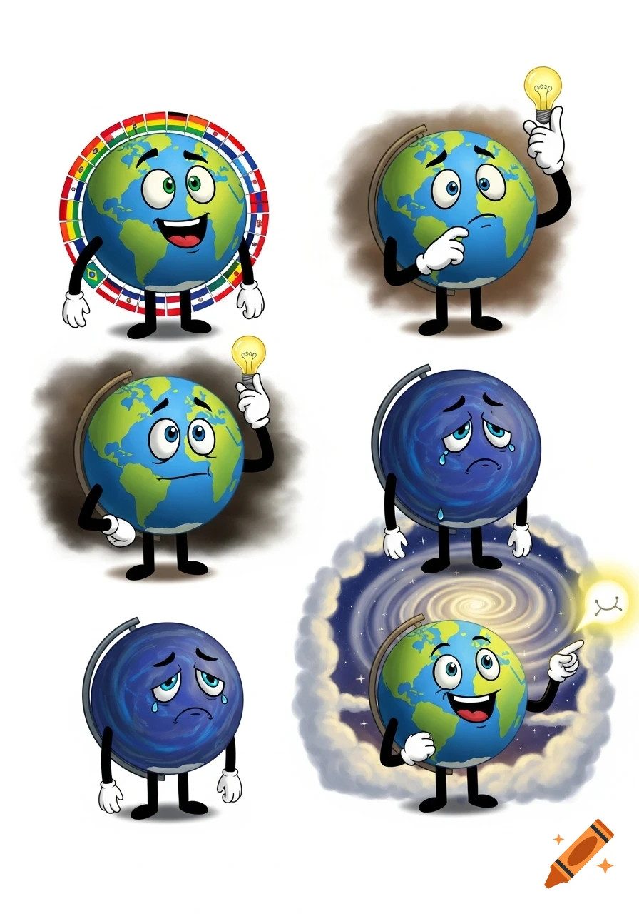 Six cartoon globe mascots with arms and legs, depicting various emotions: happy with international flags, thoughtful with a lightbulb, sad, and pointing happily in a galaxy.