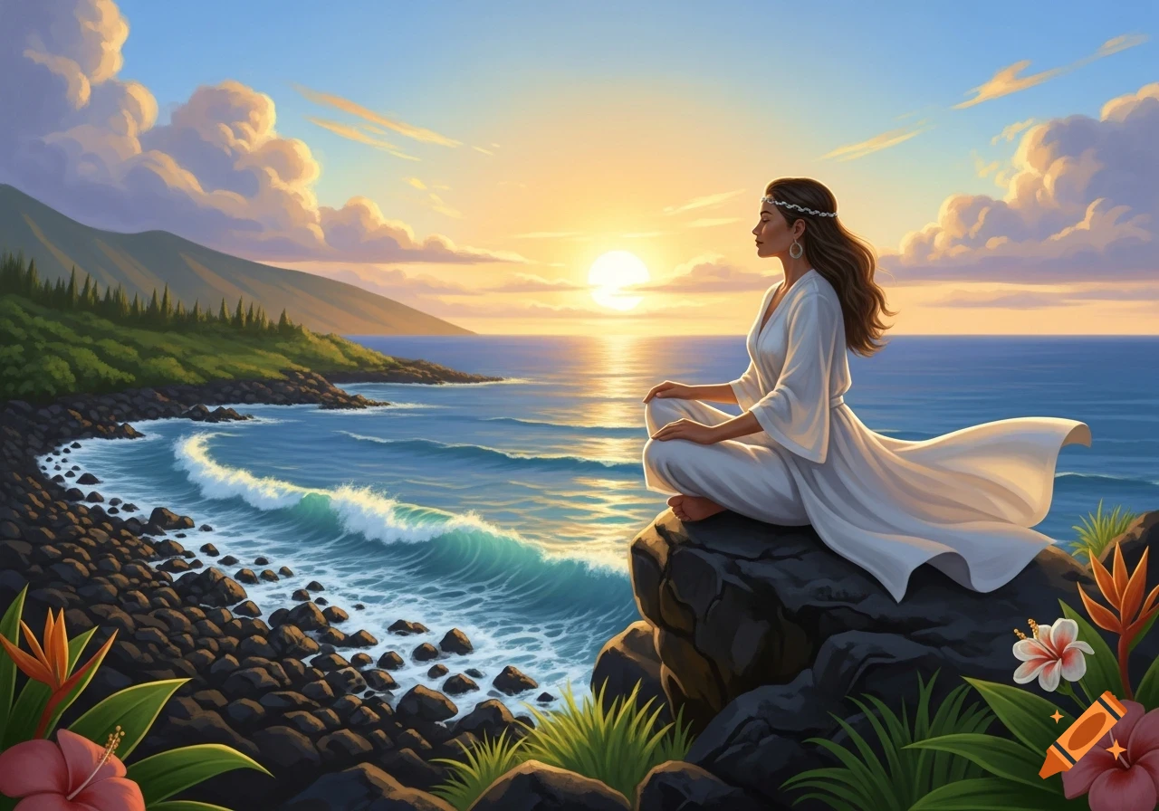A spiritual woman meditates by a tropical ocean at sunset, sitting on rocks with lush greenery and hibiscus flowers.