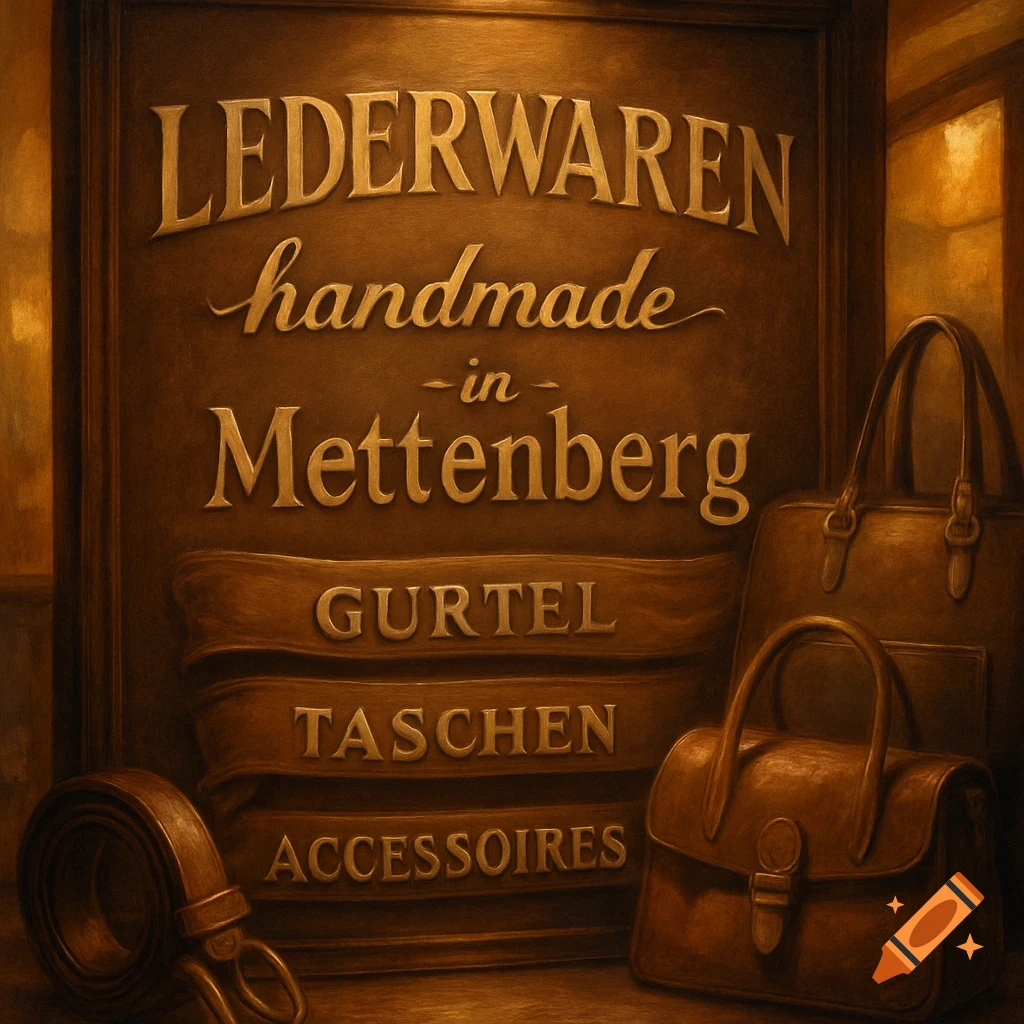 Vintage-style brown sign advertising 'Lederwaren handmade in Mettenberg,' with a belt and two bags.