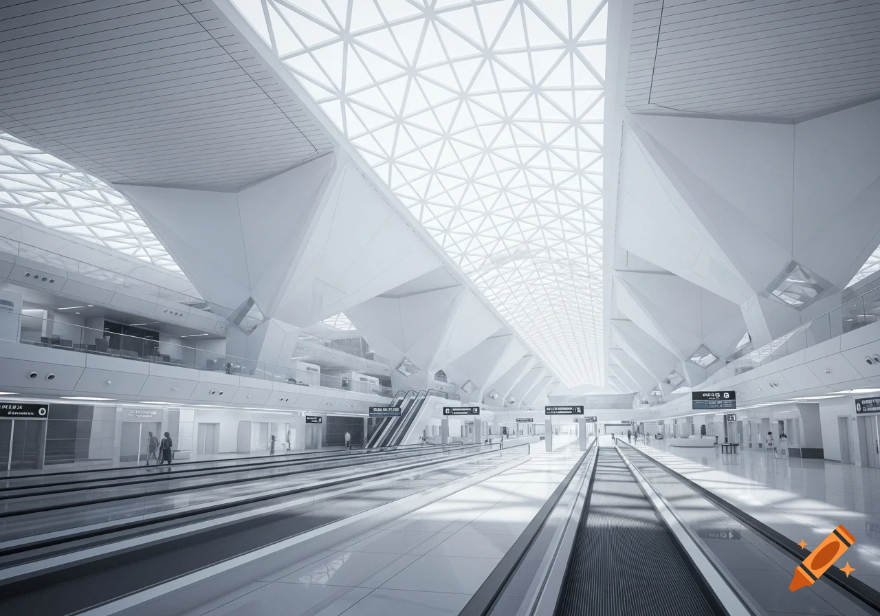 A spacious, bright, modern airport hall with geometric, origami-inspired architecture, moving walkways, and subtle human figures.