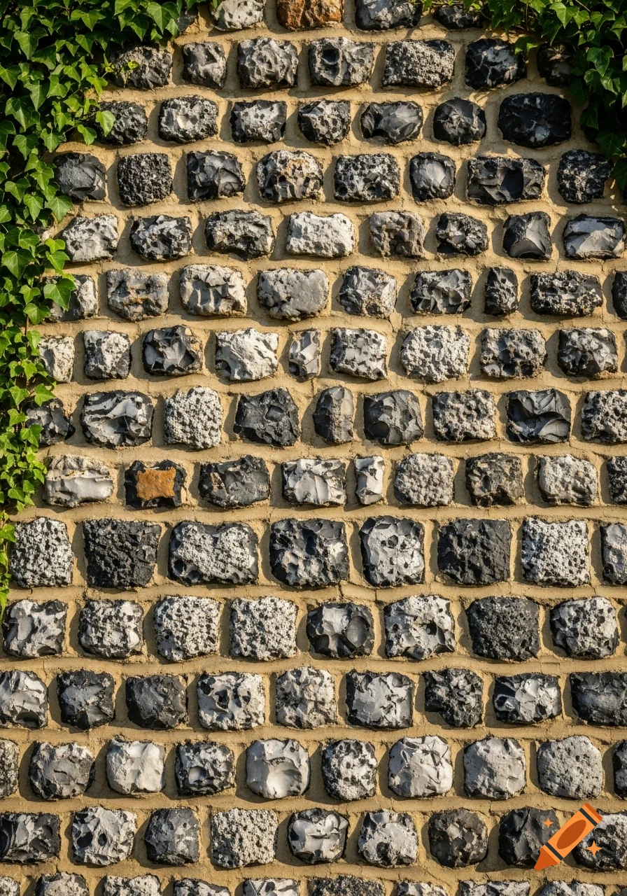 Photorealistic close-up of a grey flint wall with green ivy creeping up the left side.