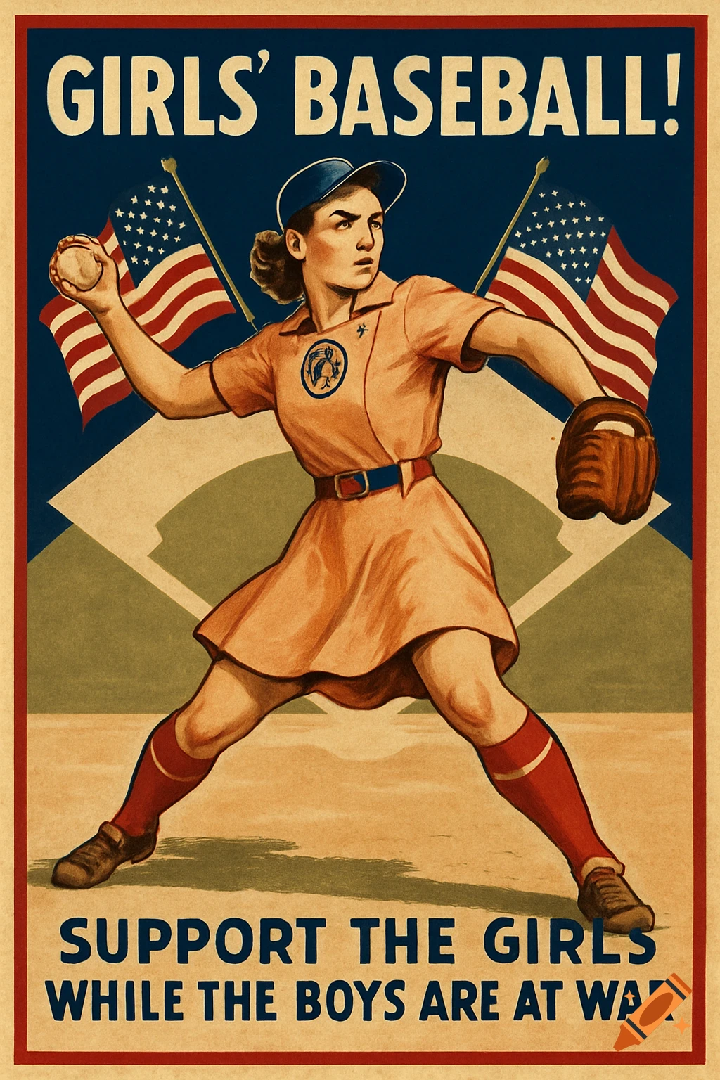 Vintage propaganda poster of a female baseball player pitching, flanked by US flags, with text about girls' baseball during wartime.