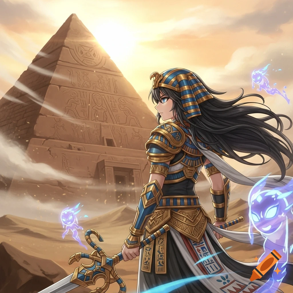 An anime warrior in blue and gold ancient Egyptian attire, headdress, and sword stands before a desert pyramid at sunset, with blue spirits.