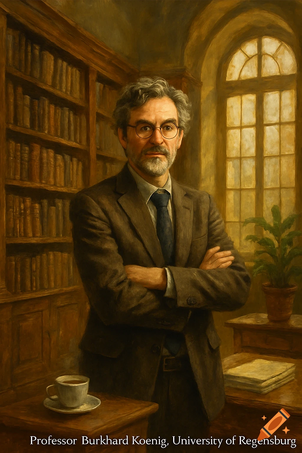Painted portrait of Professor Burkhard Koenig, a grey-haired man with glasses and a beard, in a library study.