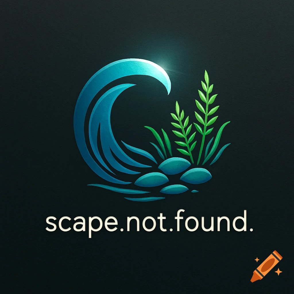 Stylized logo featuring a dynamic blue wave, green plants, and smooth teal rocks, with the text 'scape.not.found.' below.