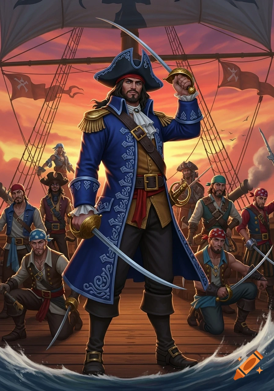 A regal pirate captain in a blue coat and tricorn hat stands with a sword raised, surrounded by his crew on a ship deck at sunset.