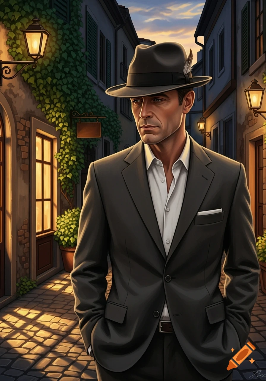 A man in a grey suit and fedora stands in a cobblestone alley at dusk, lit by street lamps.