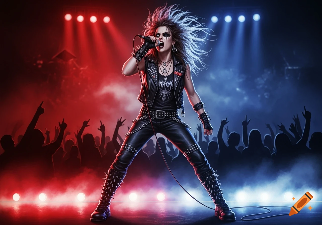 A metal singer with wild hair, dark makeup, and studded leather performs on stage, illuminated by red and blue lights, with a silhouetted crowd.
