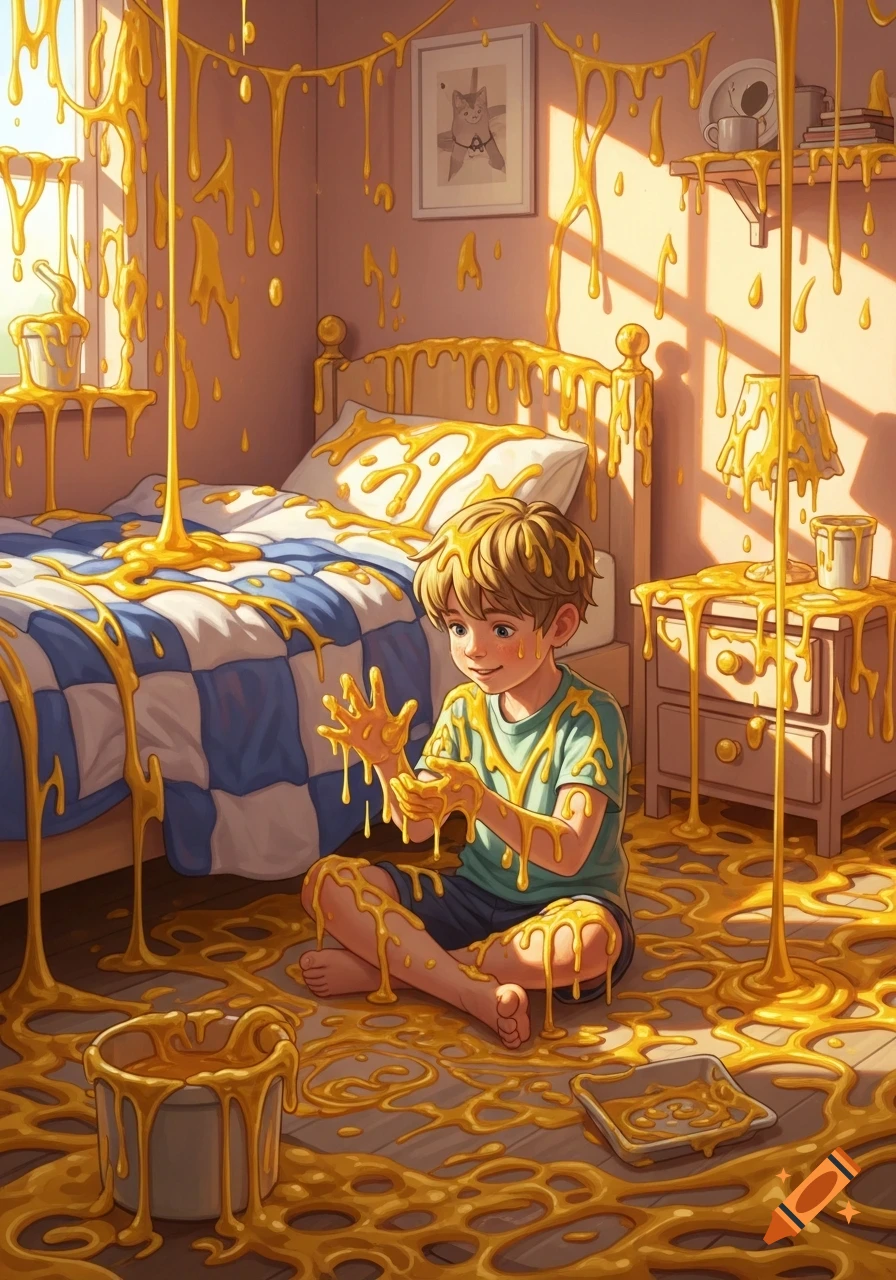 Cartoon illustration of a boy with blond hair sitting in a bedroom completely covered in dripping yellow goo.