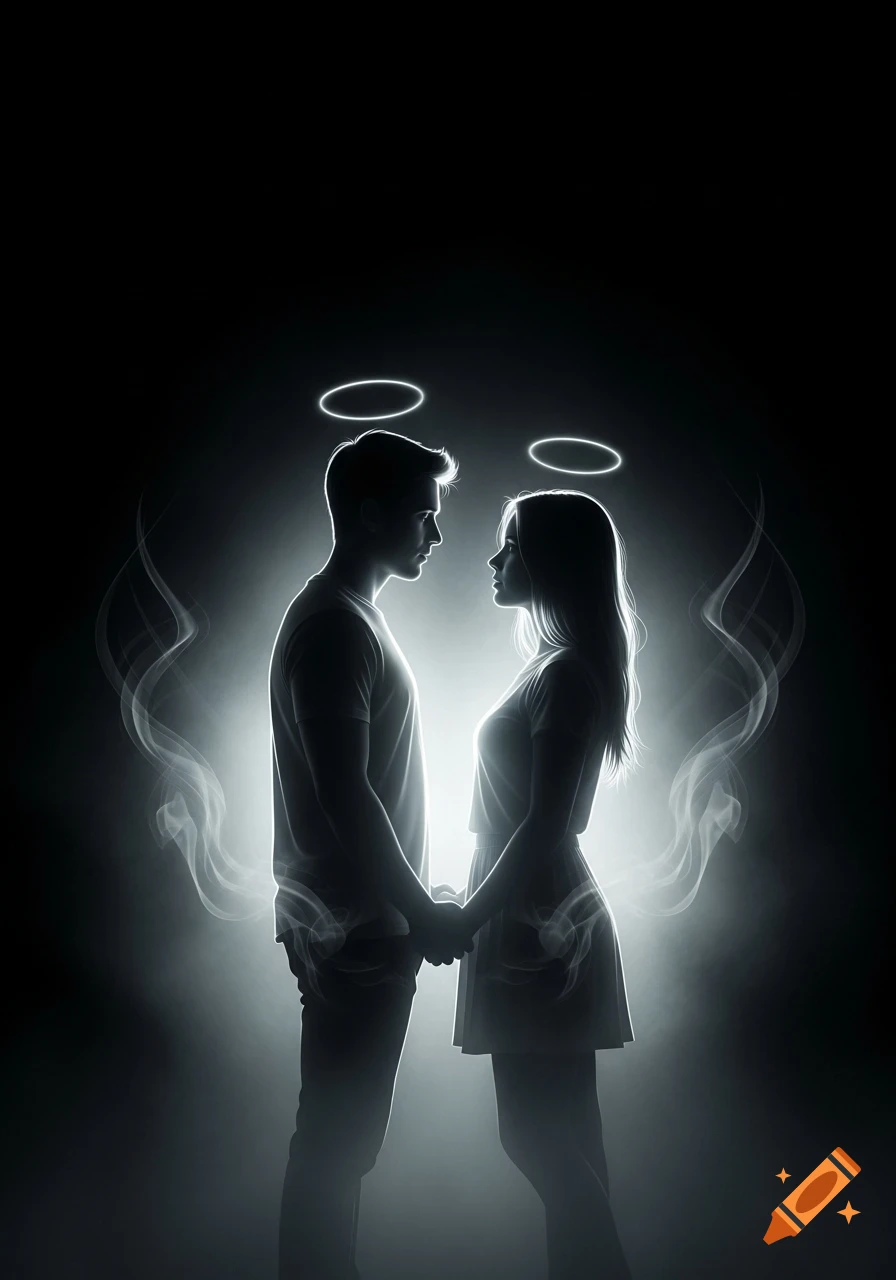 Glowing silhouettes of a man and woman holding hands, with halos, against a dark background with misty light.