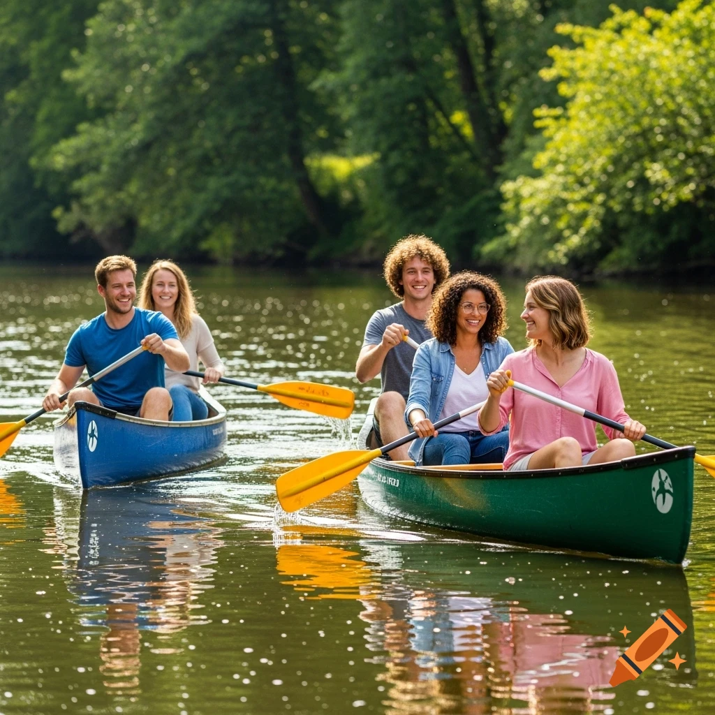 Four smiling people paddling two canoes on a river with green trees in the background.