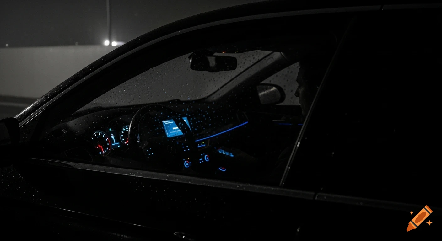 A high-contrast, black and gray cinematic night shot through a rain-splattered car window, showing a person's silhouette and glowing dashboard.