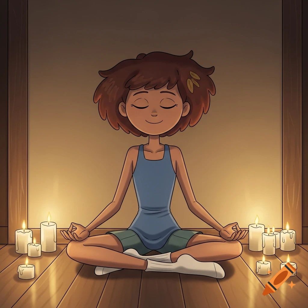 A cartoon character, Anne Boonchuy, meditates in a lotus position in a dimly lit room surrounded by lit candles.