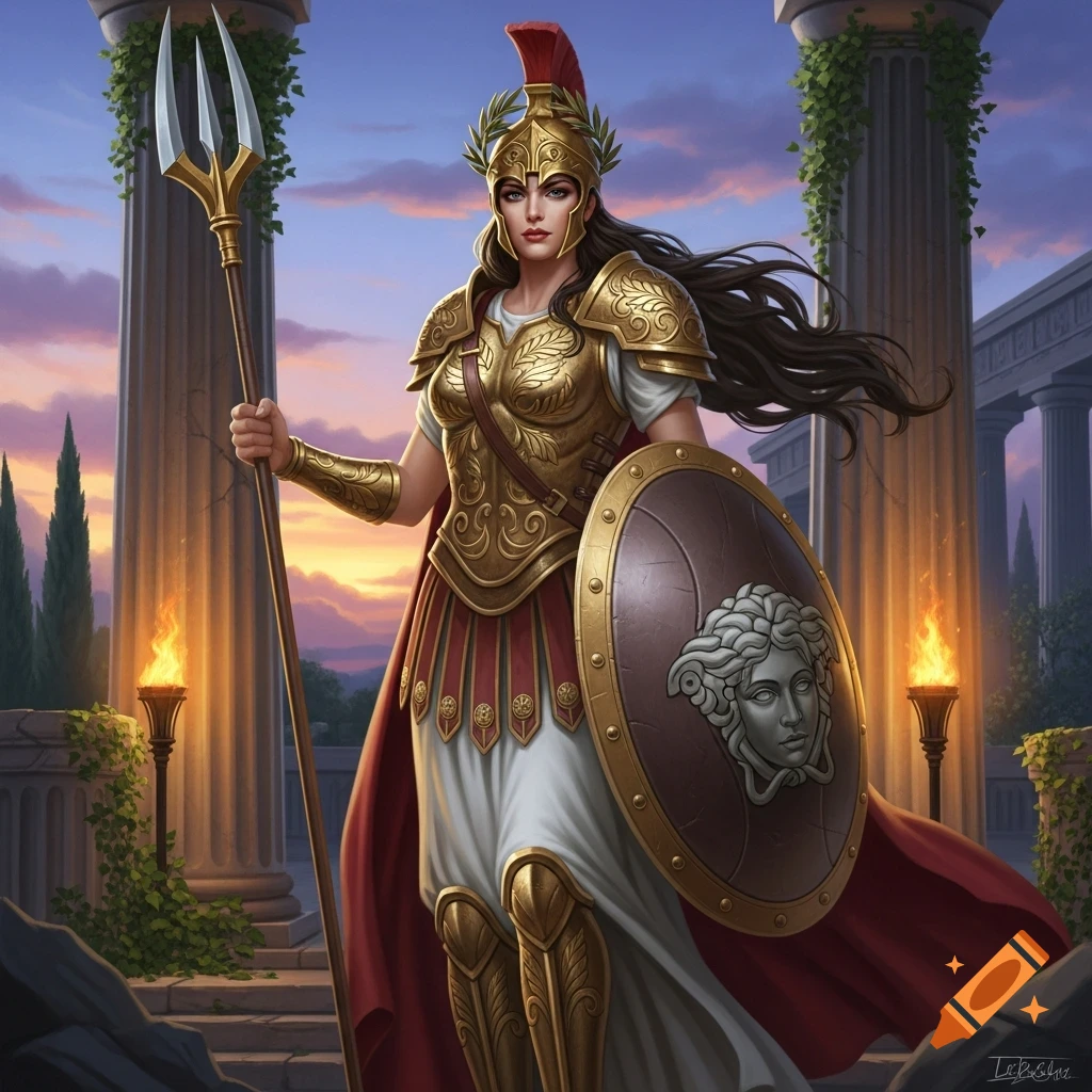 A powerful Greek goddess, Athena, in golden armor with a red cape, holds a trident and a Medusa shield amidst ancient ruins at sunset.