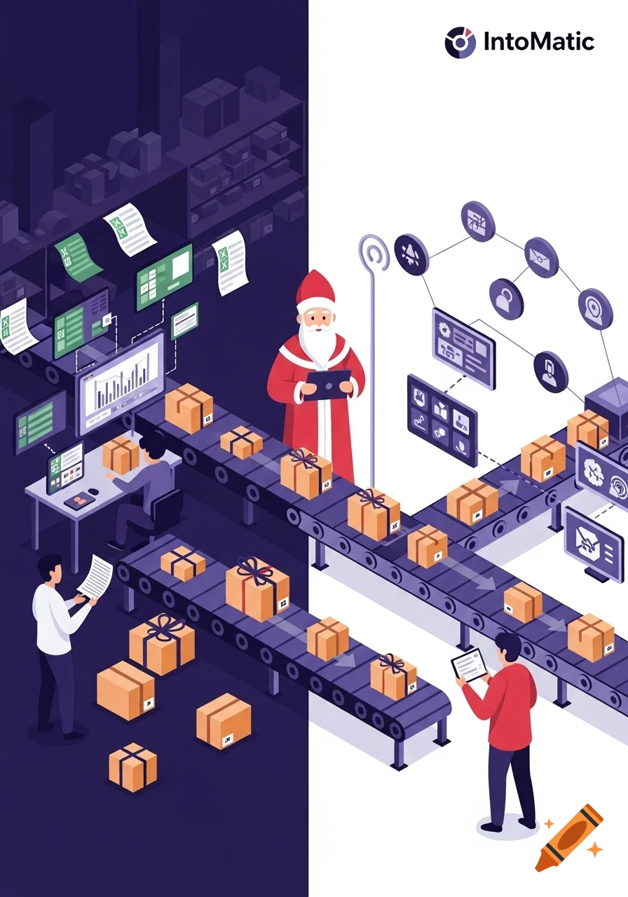 An isometric illustration contrasting chaotic manual processes with streamlined automation, featuring Santa overseeing a conveyor belt system.