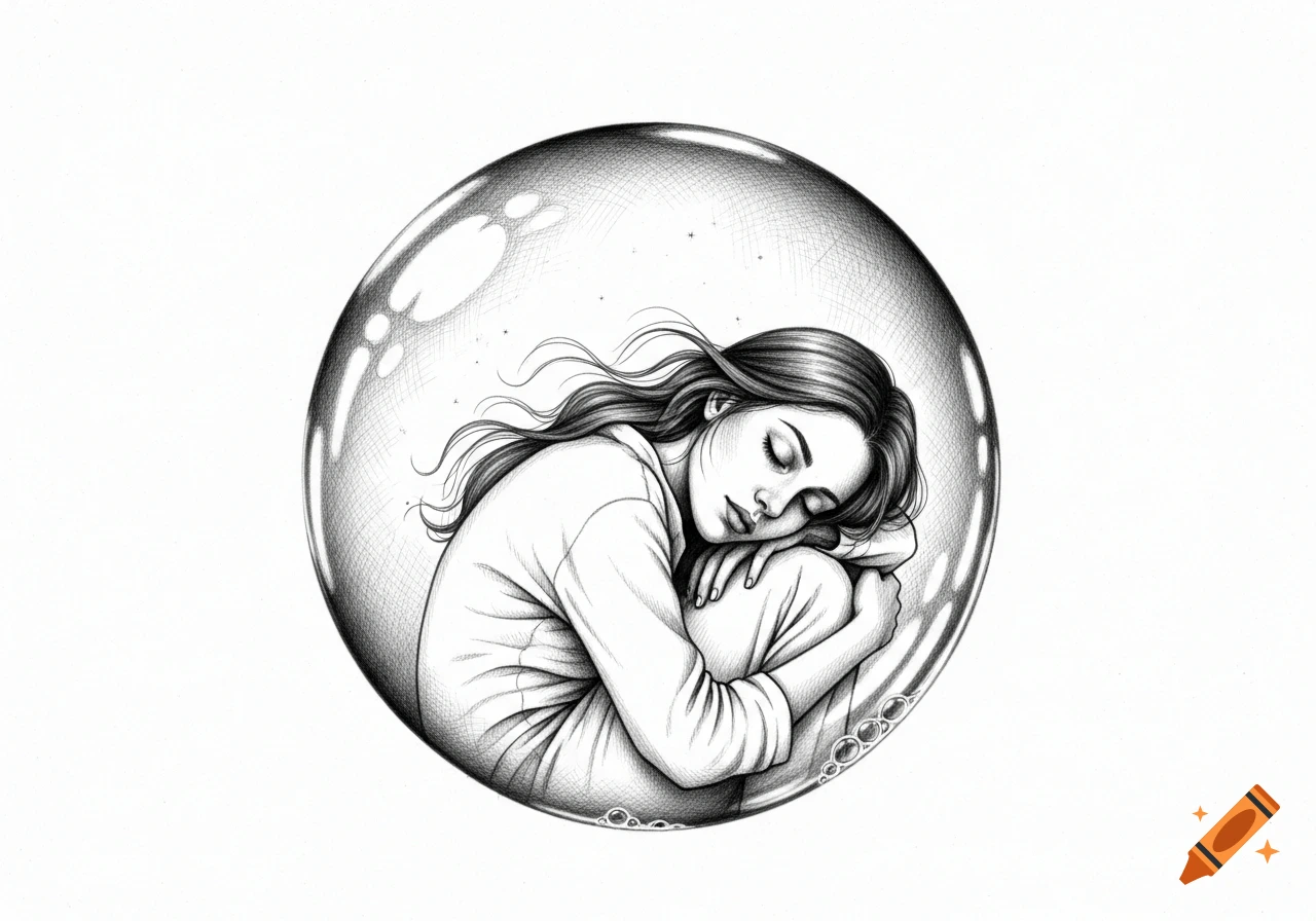 A black and white drawing of a woman curled up and sleeping peacefully inside a large, reflective bubble.