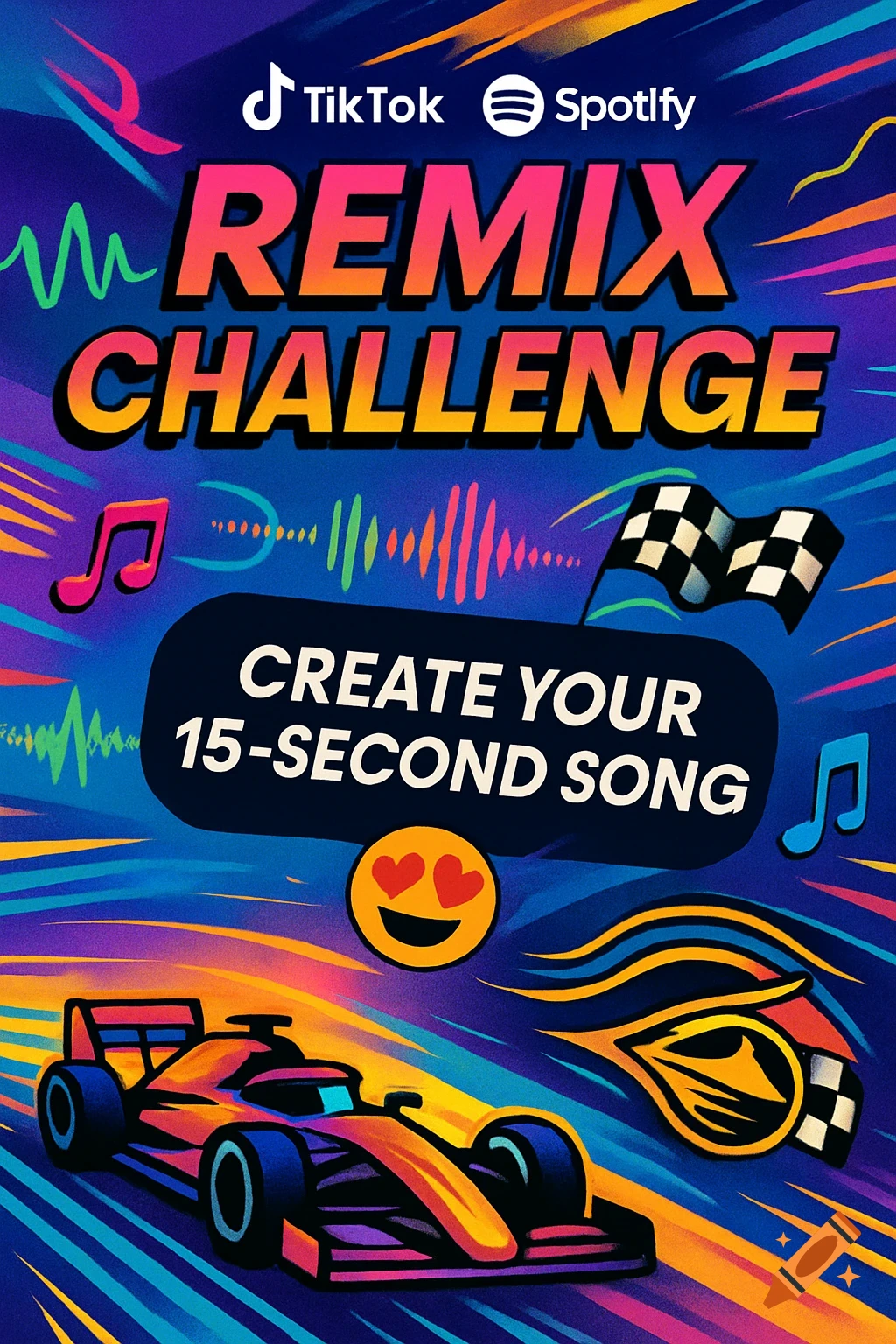 Vibrant digital art poster for a TikTok and Spotify Remix Challenge featuring text, music notes, a race car, and a checkered flag.