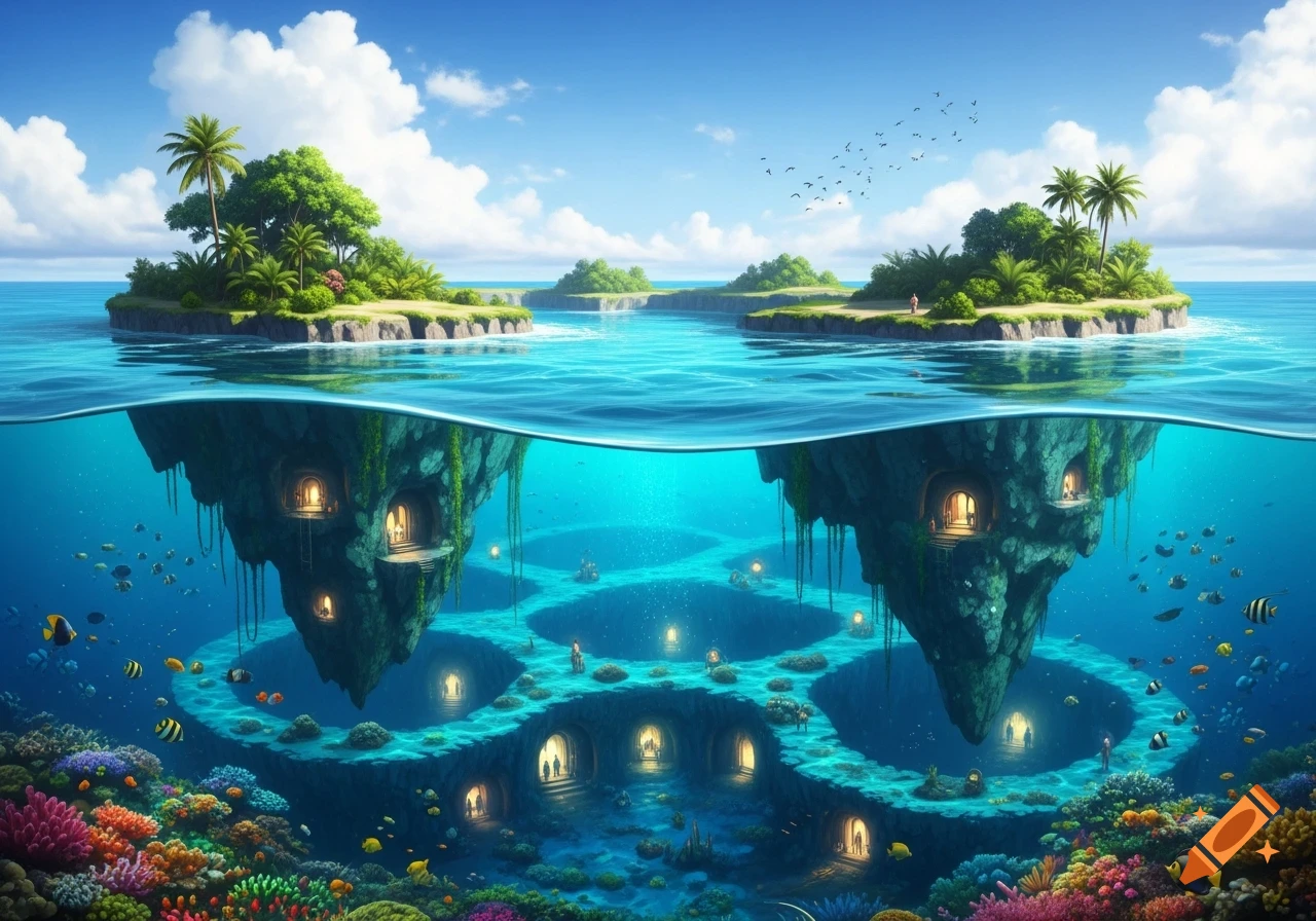 Vibrant tropical island split view, showing lush islands above and glowing underwater caves with coral reefs and fish.