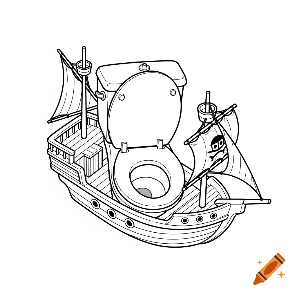 Black and white line art cartoon of a toilet built into a pirate ship, with sails and a skull and crossbones flag.