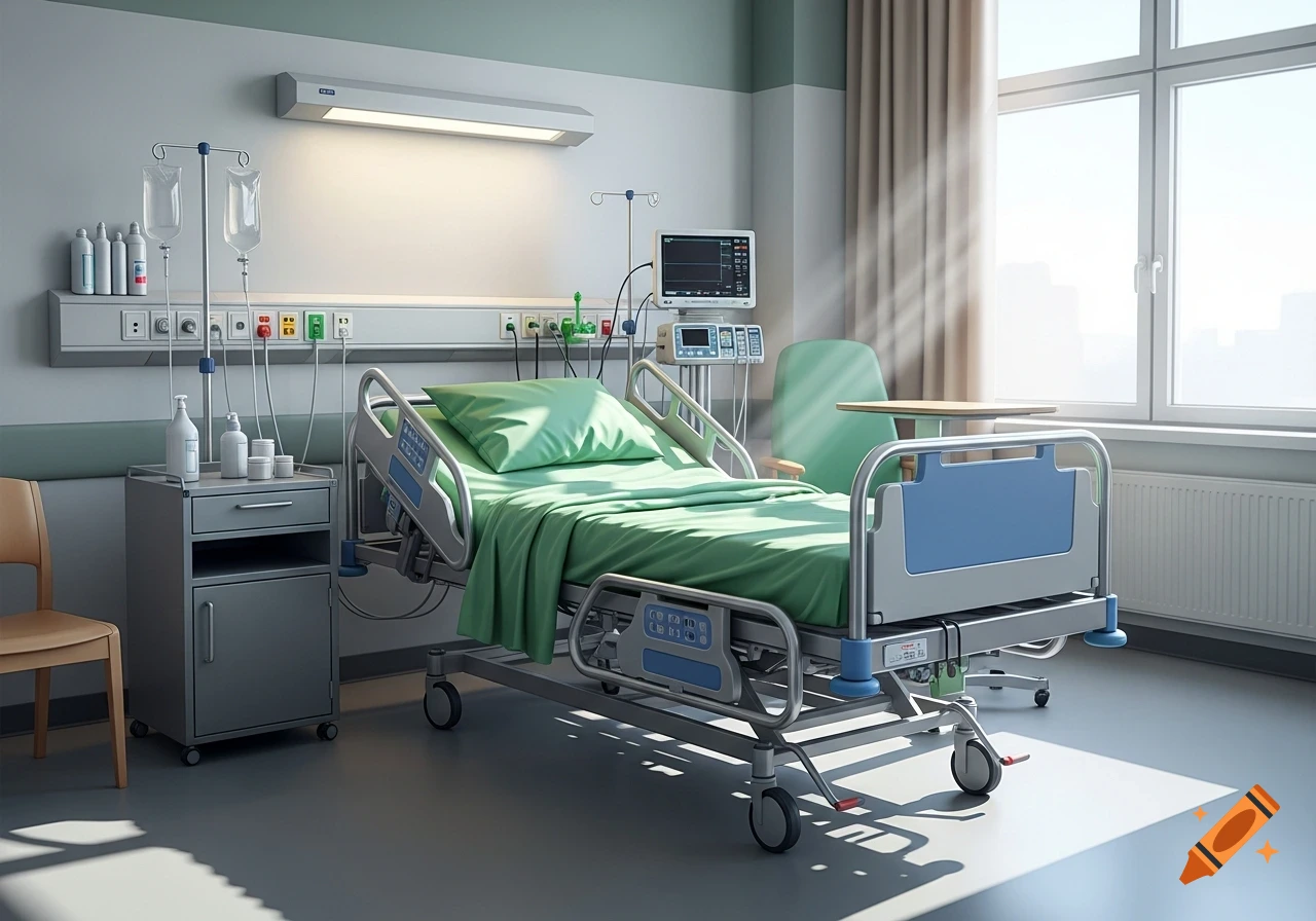 An empty hospital room with a neatly made bed with green sheets, an IV drip, a medical monitor, and a sunlit window.