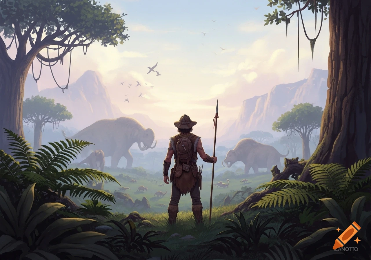 A person with a spear stands in a lush, prehistoric landscape, looking out at mammoths and smaller dinosaurs amidst mountains under a bright sky.
