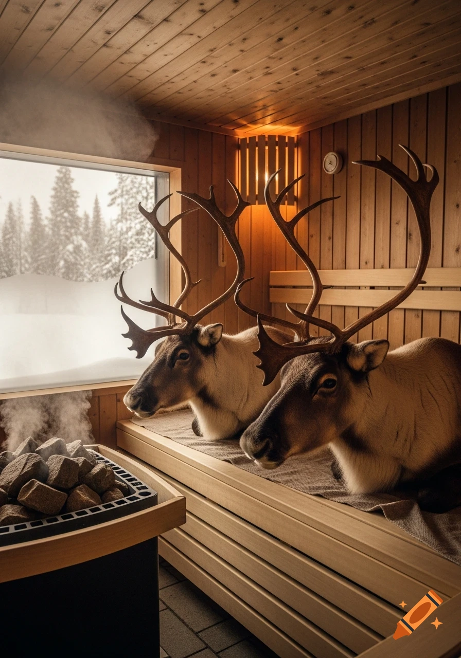 Two photorealistic reindeers relax inside a wooden sauna, looking out at a snowy forest as steam rises from a heater.