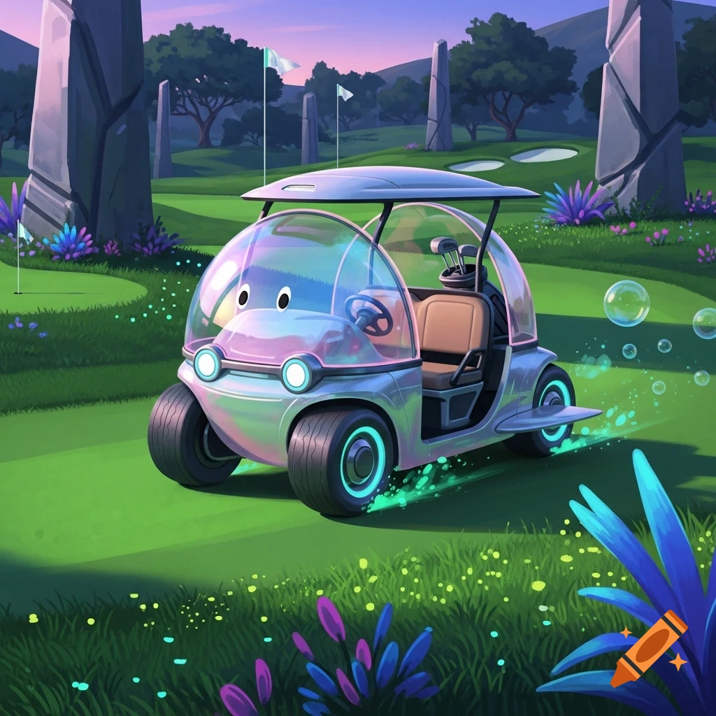A cute, iridescent bubble-shaped golf cart with glowing wheels on a vibrant green golf course with glowing plants, rendered in a stylized cartoon style.