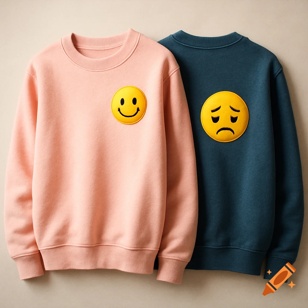 Two sweatshirts, one pink with a happy emoji and one blue with a sad emoji, hanging side-by-side.