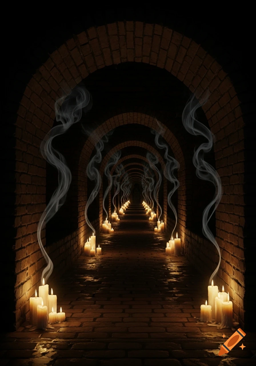 A long, dark brick tunnel extends into the distance, illuminated by rows of glowing candles and wisps of smoke along its sides.