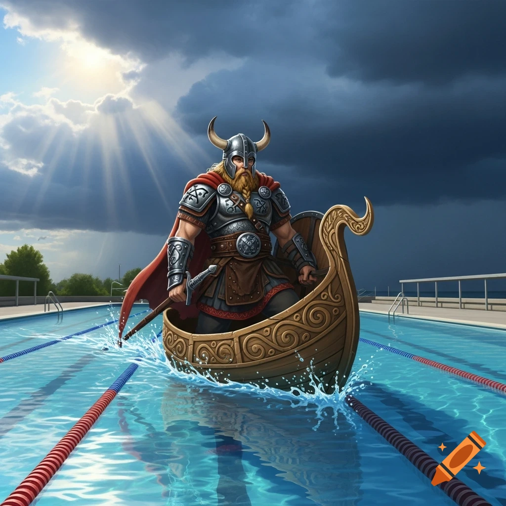 A horned Viking in armor and red cape paddles an ornate boat in an 8-lane swimming pool under a sky with sun rays and storm clouds.