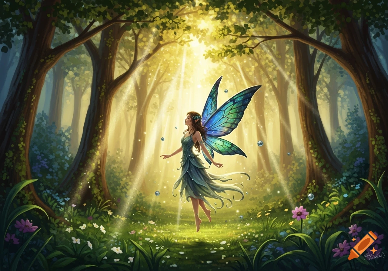 A magical fairy with iridescent blue-green wings floats in a sunlit enchanted forest amidst glowing light.