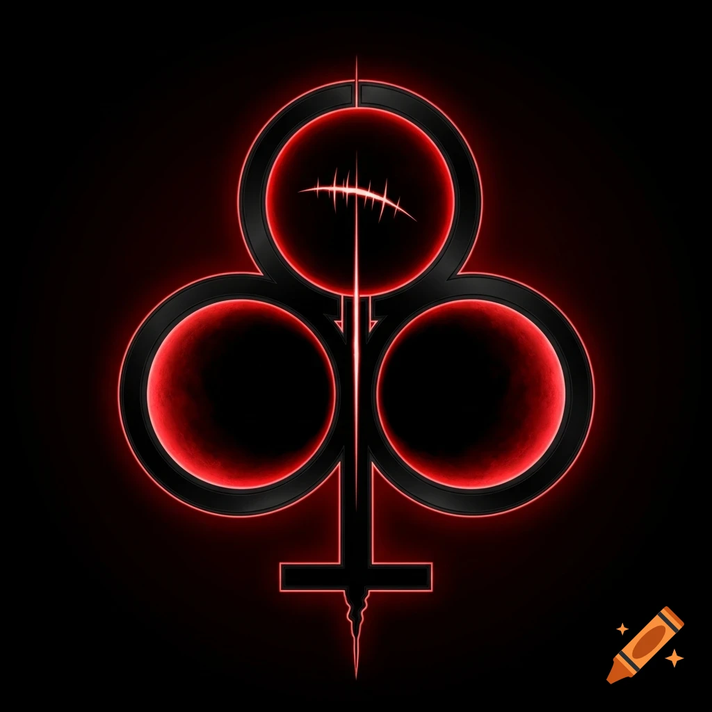 Red and black occult symbol with triple circles, a vertical scar, glowing edges, and a pointed base in a sci-fi style.