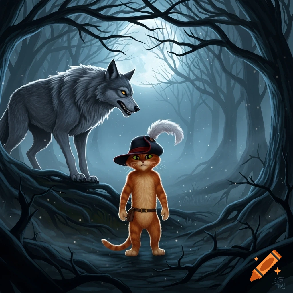 Stylized illustration of Puss in Boots facing a snarling wolf in a dark, moonlit forest.