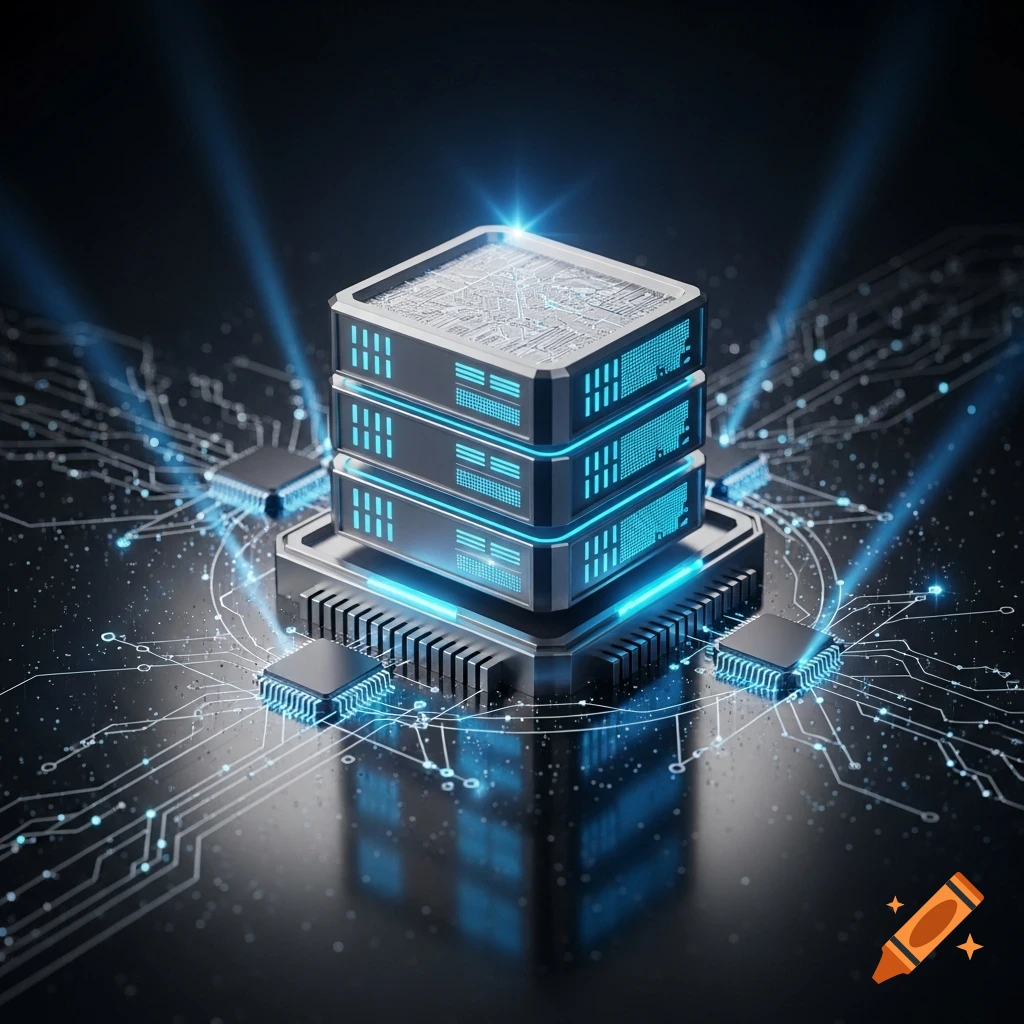 A stack of server units with glowing blue lights on a dark circuit board, surrounded by digital data streams.