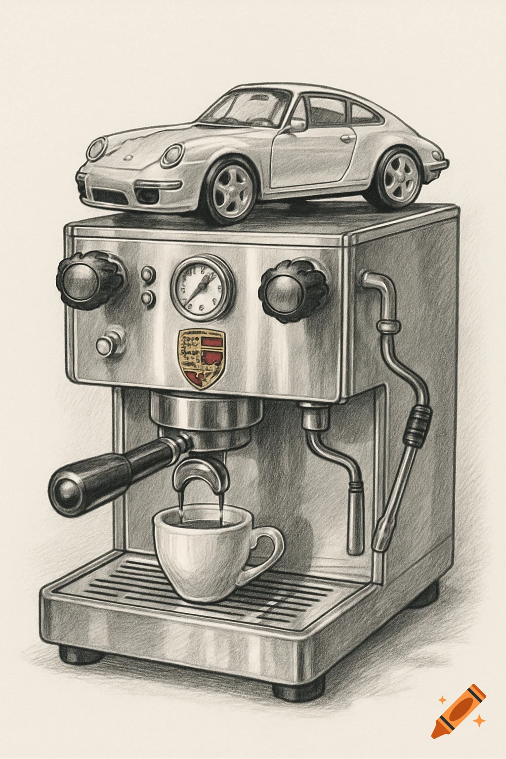 A black and white sketch of an espresso machine with a Porsche model car on top, featuring the Porsche crest.