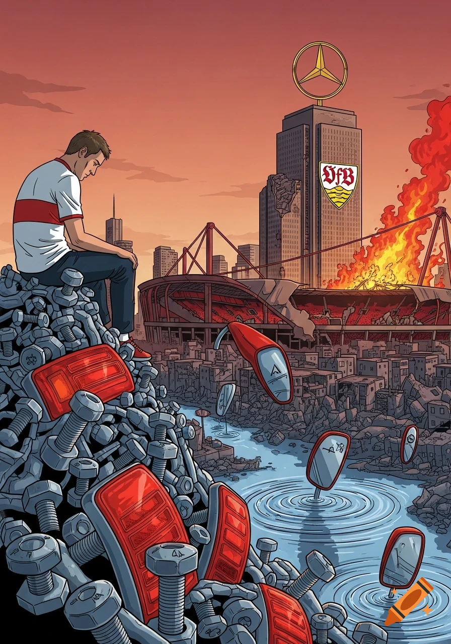 A sad man in a red and white shirt sits on a pile of bolts and taillights, throwing car mirrors into a river. A burning stadium and a skyscraper with a Mercedes-Benz star are in the background, set against a sunset in a cartoon style.
