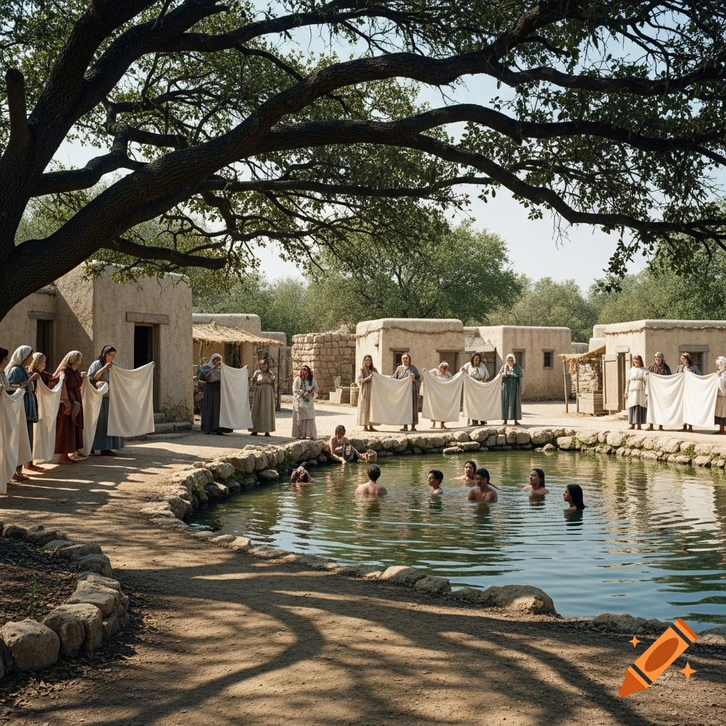 Women bathing in a pond in an ancient Israelite town, with other women holding white blankets for privacy under a large oak tree.