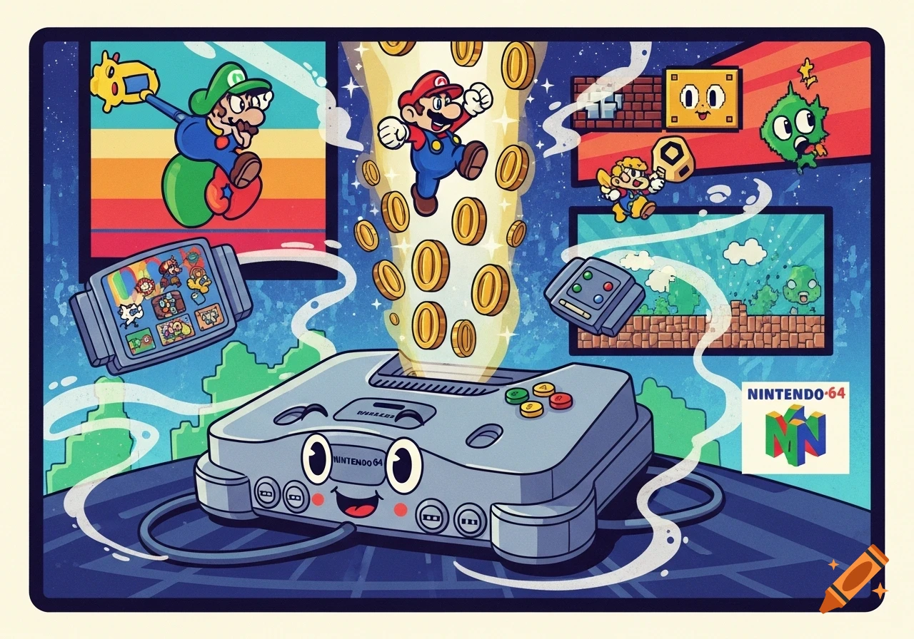 A colorful cartoon Google Doodle illustration of a smiling Nintendo 64 console, with Mario, Luigi, and other game characters in screens around it.